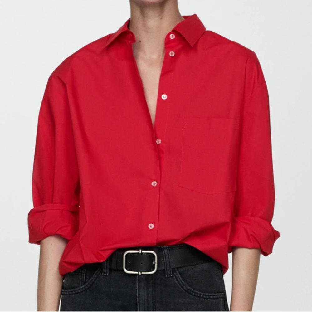 Mango Oversized Red Pocket Button Shirt